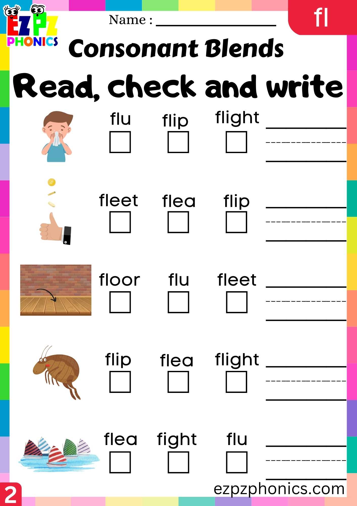 Group2 FL Words Read, Check And Write Phonics Consonant Blends Worksheet